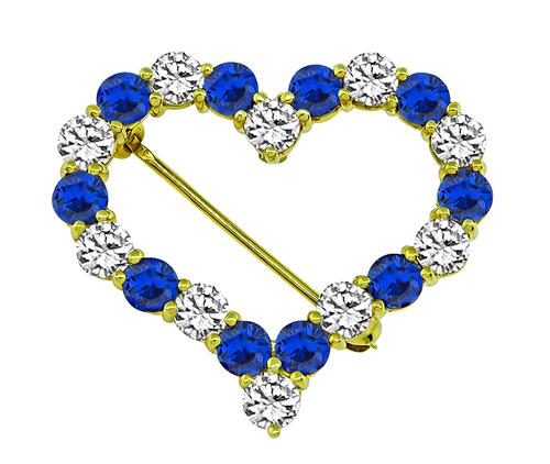 Round Cut Diamond and Sapphire 18k Yellow Gold Heart Pin by Tiffany & Co