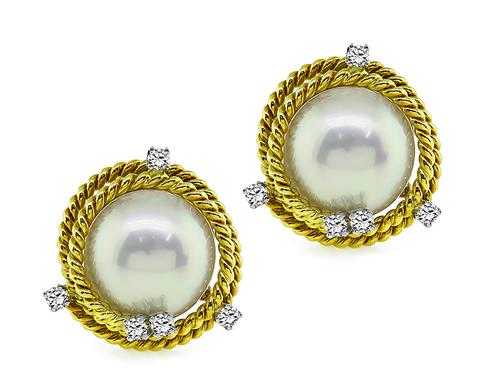 Mabe Pearl Round Cut Diamond 18k Yellow Gold and Platinum Earrings by Jean Schlumberger Tiffany & Co