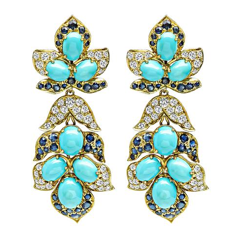 Cabochon Turquoise Round Cut Diamond and Sapphire 18k Yellow Gold Day and Night Earrings