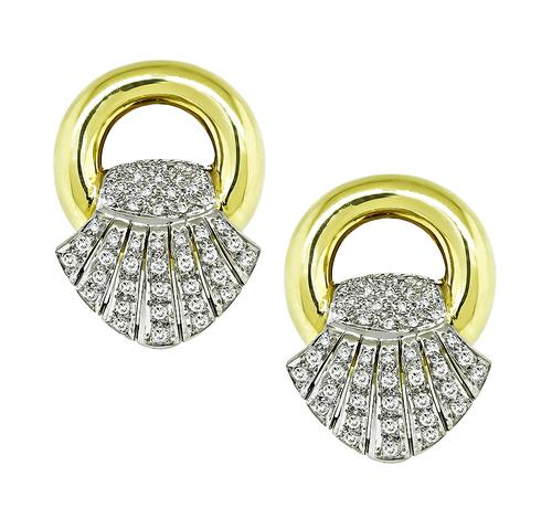 Round Cut Diamond Two Tone 18k Yellow and White Gold Earrings