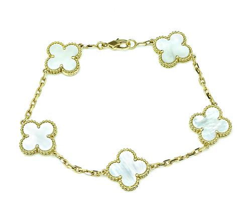 18k Yellow Gold Mother of Pearl Alhambra Style Bracelet