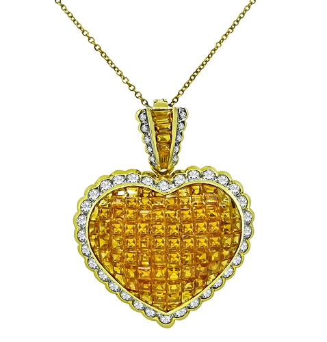 Square Cut Yellow Sapphire Round Cut Diamond 18k Yellow Gold Heart Pin / Pendant