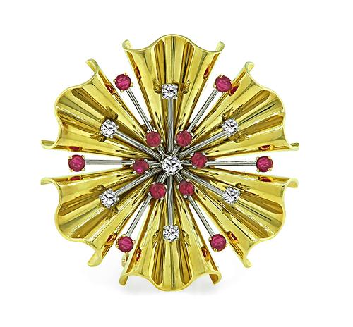 Vintage Round Cut Ruby Old European Cut Diamond 14k Yellow and White Gold Pin