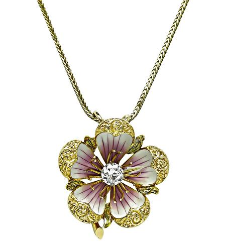 Vintage Old European Cut Diamond Enamel 14k Yellow Gold Flower Pendant Necklace