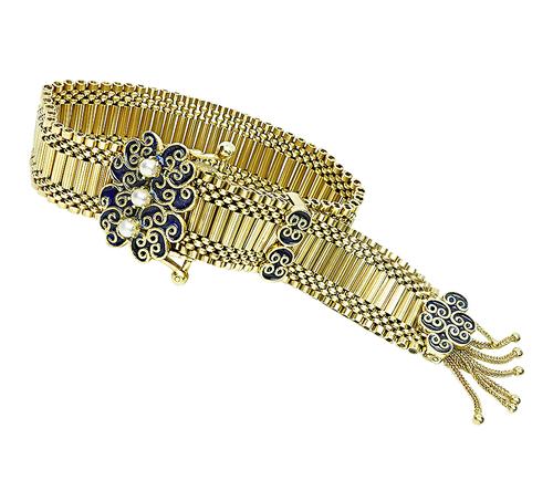 Vintage 1940s Enamel Pearl 14k Yellow Gold Bracelet