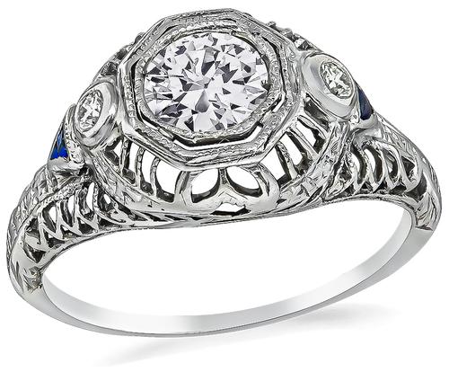 Art Deco Round Cut Diamond Sapphire 14k White Gold Engagement Ring