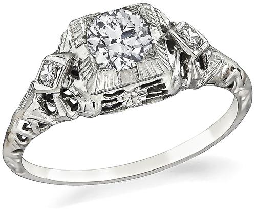 Vintage Old Mine Cut Diamond 14k White Gold Engagement Ring