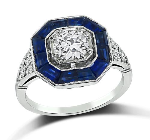 Art Deco Old European Cut Diamond Baguette Cut Sapphire Platinum Engagement Ring