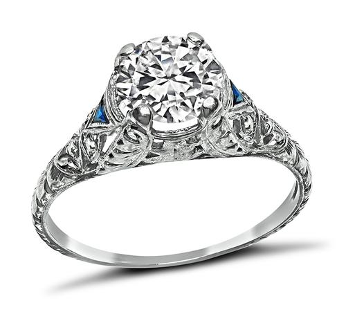 Art Deco Round Cut Diamond Sapphire Platinum Engagement Ring