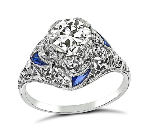 Vintage Old Mine Cut Diamond Sapphire Platinum Engagement Ring