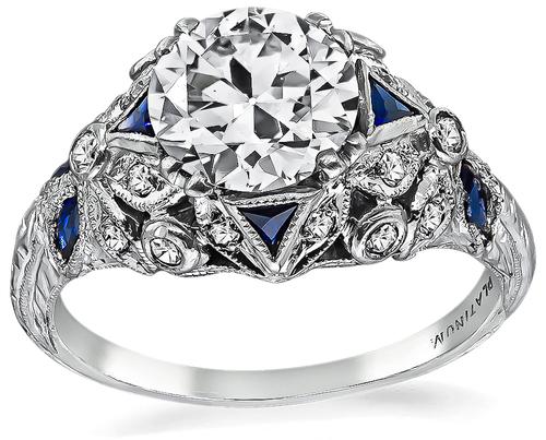 Vintage European Cut Diamond Sapphire Platinum Engagement Ring