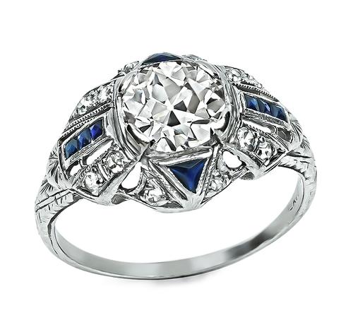 Vintage Old European Cut Diamond Sapphire Platinum Engagement Ring