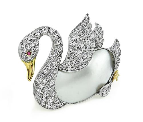 1920s Old European Cut Diamond Mother of Pearl Yellow Gold and Platinum Swan Pin