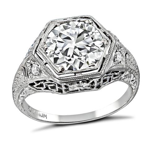 Art Deco Old Mine Cut Diamond Platinum Engagement Ring