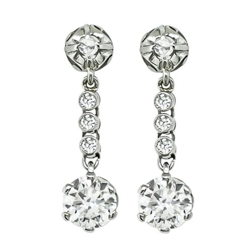 0.99ct and 0.97ct Old European Cut Diamond Platinum Drop Earrings