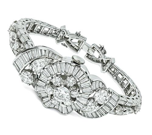1950s Round Pear Marquise and Baguette Cut Diamond Platinum Cover Watch Bracelet