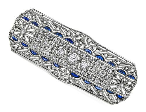 Art Deco Round Cut Diamond Sapphire 18k White Gold Pin / Pendant
