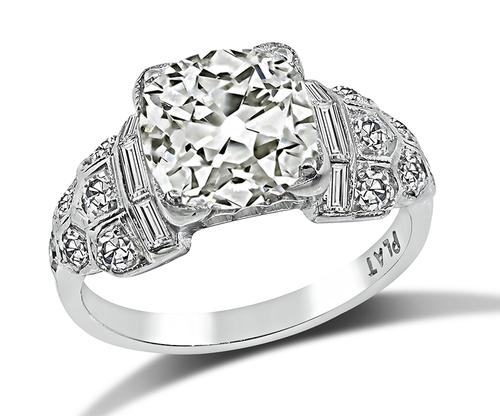 Vintage Cushion Cut Diamond Platinum Engagement Ring