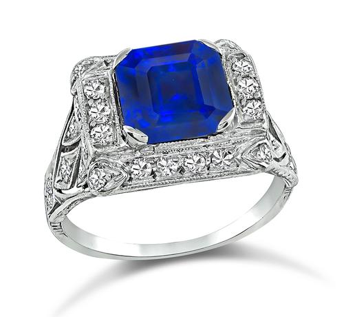 Vintage Asscher Cut Sapphire Round Cut Diamond Platinum Engagement Ring