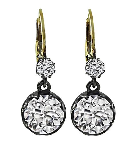 Vintage Old Mine Cut Diamond Silver and 14k Yellow Gold Earrings