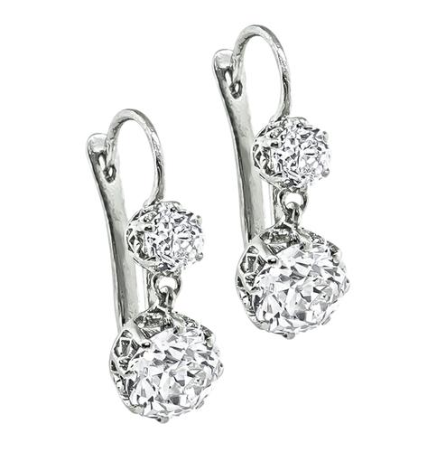 Old Mine Cut Diamond Platinum Dangling Earrings