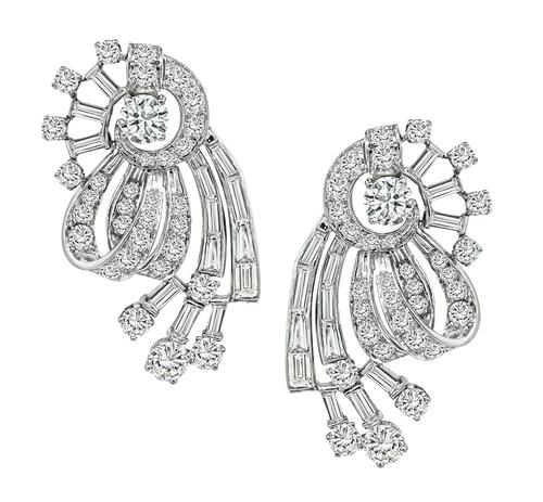 Vintage Round and Baguette Cut Diamond Platinum Earrings