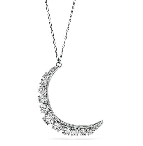 1950s Round Cut Diamond Platinum Crescent Pendant Necklace