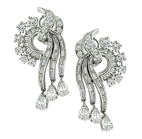 1950s Pear Baguette and Round Cut Diamond Platinum Earrings