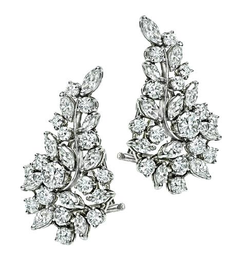 Vintage Marquise and Round Cut Diamond Platinum Earrings
