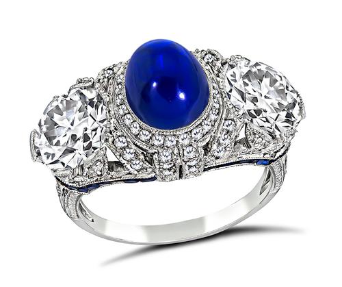 Art Deco Cabochon Kashmir Sapphire Old Mine Cut Diamond Platinum Ring