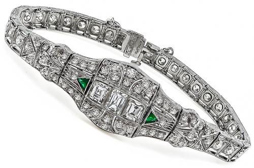 Art Deco Emerald Old Mine Round and Carre Cut Diamond Platinum Bracelet