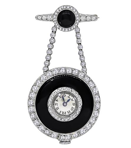 Vintage Old European and Rose Cut Diamond Onyx Platinum Pocket Watch / Pin