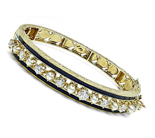 Vintage Round Cut Diamond Pearl Enamel 14k Yellow Gold Bangle