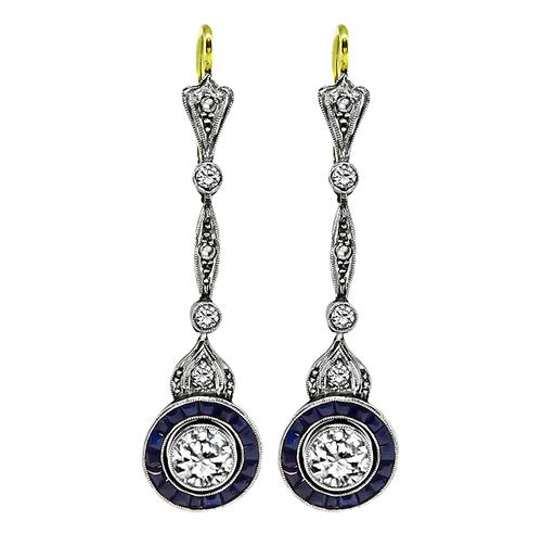Vintage Old Mine and Rose Cut Diamond French Cut Sapphire 18k Yellow and White Gold Dangling Earrings