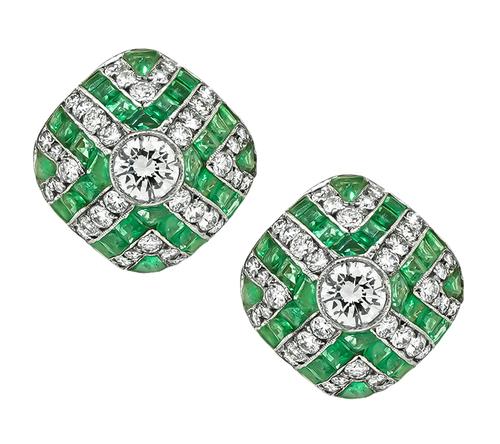 Vintage Round Cut Diamond Square and Trilliant Cut Emerald Platinum and Gold Earrings