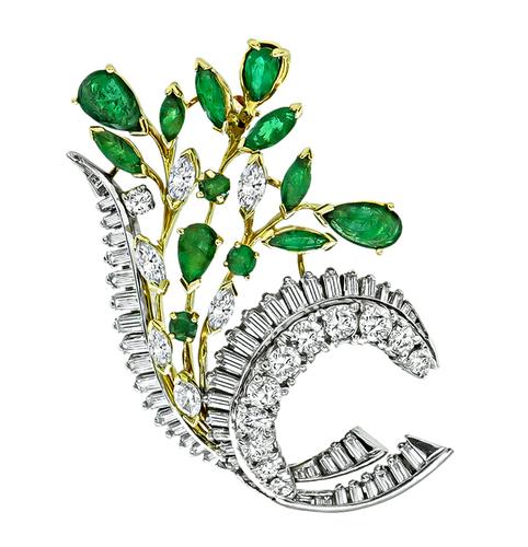 1950s Round Marquise and Baguette Cut Diamond Marquise and Pear Shape Emerald 18k Yellow and White Gold Pin