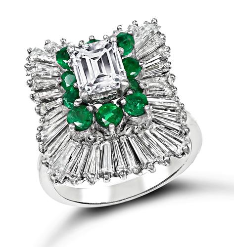 Vintage Emerald and Baguette Cut Diamond Round Cut Emerald Platinum Ring