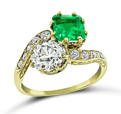 Victorian Old European Cut Diamond Emerald Cut Emerald 18k Yellow Gold Ring