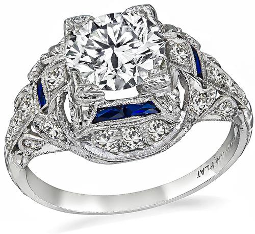 Vintage Round Brilliant Cut Diamond Sapphire Platinum Engagement Ring