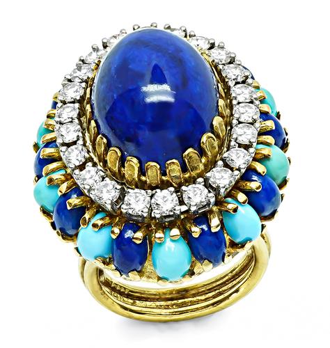 1970s Round Cut Diamond Cabochon Lapis and Turquoise 14k Yellow Gold Ring