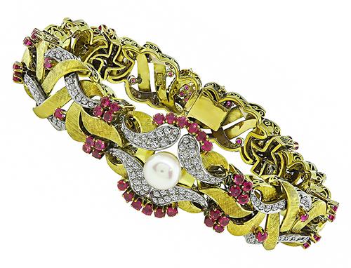 1960s Round Cut Diamond and Ruby Pearl 18k Yellow and White Gold Bracelet