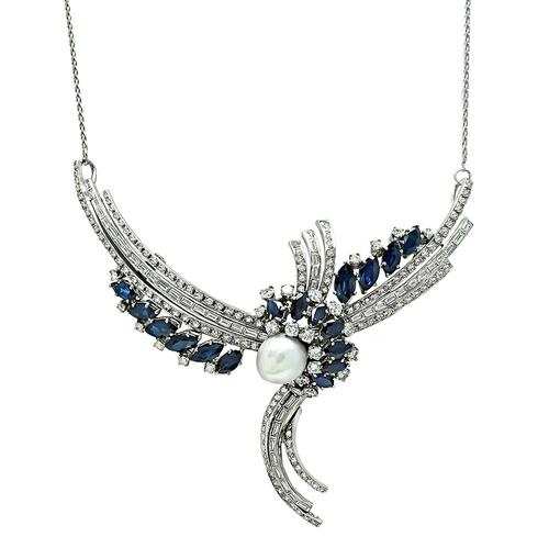 1940s Baguette and Round Cut Diamond Marquise Cut Sapphire Pearl 14k Gold Pin Pendant Necklace