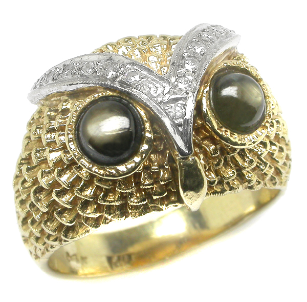 14k Yellow Gold Diamond Owl Ring