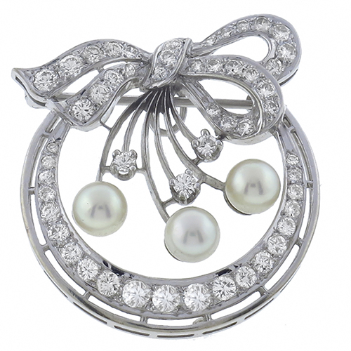 diamond pearl 14k white gold pin  1