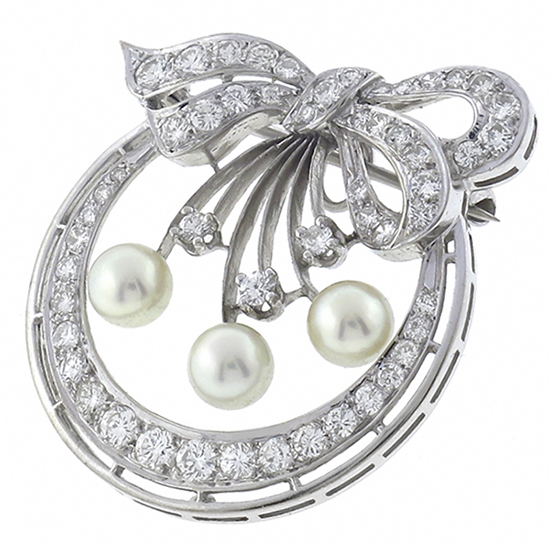 diamond pearl 14k white gold pin  1