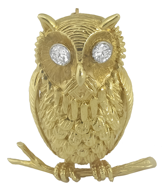 diamond 14k yellow owl  pin 1