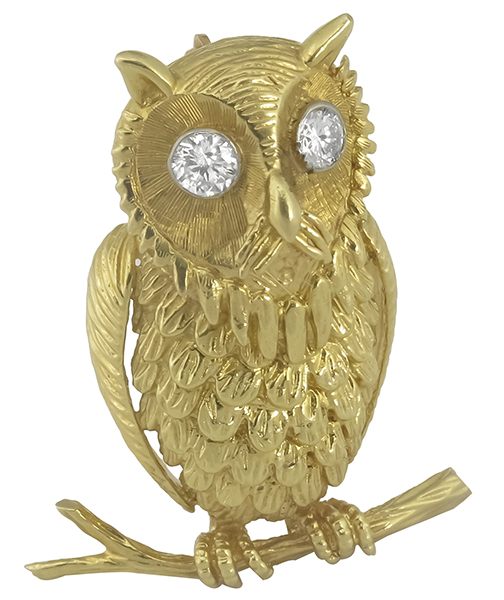 diamond 14k yellow owl  pin 1