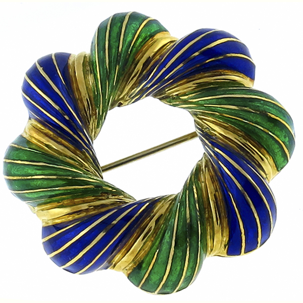 Green & Blue Enamel 18k yellow gold pin 1