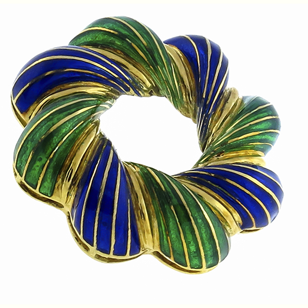 Green & Blue Enamel 18k yellow gold pin 1