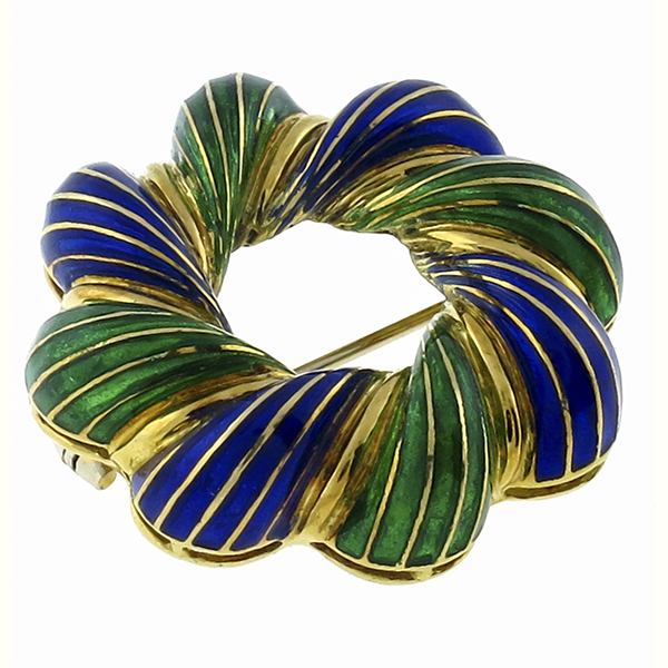 Green & Blue Enamel 18k yellow gold pin 1